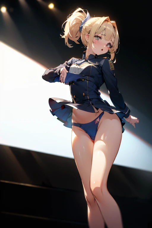 Beautiful full-length photo of an idol singer with 5 dancers, Masterpiece Quality, Shining Girls, Miniskirt Uniform, Bright stage lighting, Rock Stage, detail panties, ultra wide-angle, from below, bimbo, underwear, dildo under panties, dildo under clothes