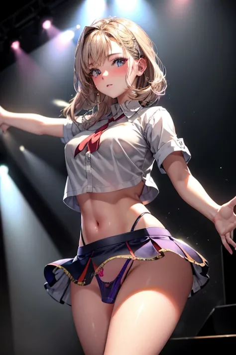 Beautiful full-length photo of an idol singer with 5 dancers, Masterpiece Quality, Shining Girls, Miniskirt Uniform, Bright stage lighting, Rock Stage, detail panties, ultra wide-angle, from below, bimbo, underwear, dildo under panties, dildo under clothes