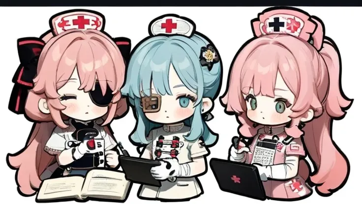 Character design，Q version，chibi，Cute，Head to body ratio，outfit design，Lolita prostitute，Gorgeous dress，Mittens，Curly，Very intricate，Exquisite，shear node，frilld，band，Bandages，Nurse style，Huge syringe，tablet，Red Cross，Y2K，egirl，Unilateral eye patch，love dec...