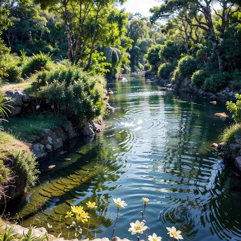 muito alto sobrevoando por cima uma floresta exuberante, No meio da floresta, a short river that cuts through the vegetation, formando um contraste entre o azul e o verde. O rio escorre com agressividade, carrying crystal clear and refreshing waters. O sol...