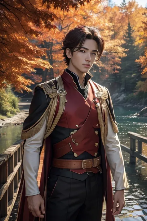 ((Masterpiece, Best Quality)), Ultra Detailed, Official Art, Unity 8k Wallpaper, Official Costume, Young Handsome Man, Solo, Perfect Face, Shiny Skin, Sparkling Pupils, Hair Pick Dyed Red, Daytime, Background is Fire Red Maple Forest, Maple Leaf, Riverside...