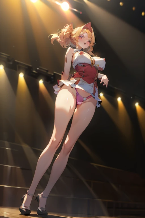 Beautiful full-length photo of an idol singer with 5 dancers, Masterpiece Quality, Shining Girls, Miniskirt Uniform, Bright stage lighting, Rock Stage, detail panties, ultra wide-angle, from below, bimbo, underwear, dildo under panties, dildo under clothes...