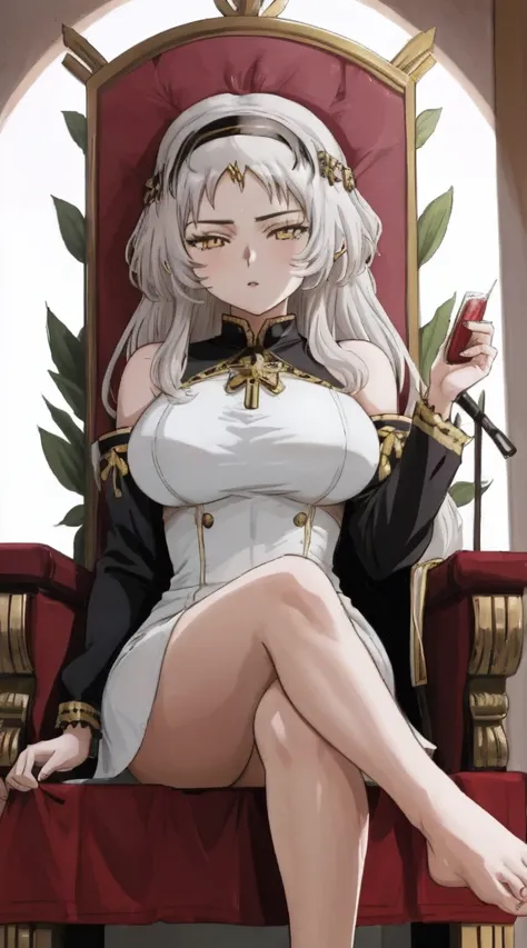 a sexy anime lady sitting in a golden throne with her feet up, 1girl, feet, breasts, yellow eyes, long hair, toes, solo, barefoo...