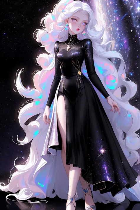 {-erro_de_anatomia:1.0} masterpiece, highest quality, (perfect face:1.1, (high detail)1.1, sweet stardust vampire , long soft white hair, opal eyes, perfectly drawn face, black dress, stars detailed background, prismatic lighting, glitter, whole body, walk...