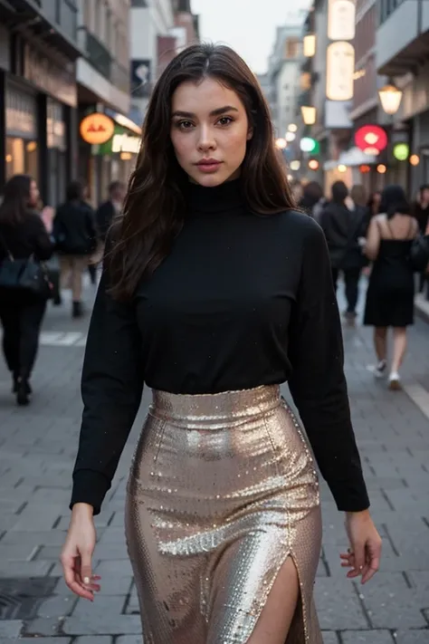 ((best quality)), ((masterpiece)), (detailed), perfect face realistic photo of beautiful woman with long dark brown hair, Russian, influencer, light freckles, dark brown eyes, big lips, no makeup, instagram, in a black dress is walking down the street, tum...