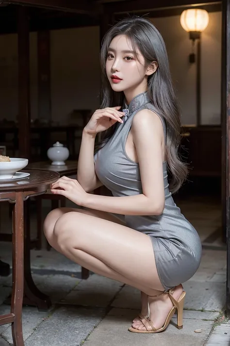 8K Raw photograph, Best quality at best, On a table, 超高分辨率, looking at viewert, long brown curly hair, Natural skin texture, Realistic Eyes and Face Details, blush blush (cosmetic lips, awas, lipsticks, beautiful law, Tall lady, humongous large breast， Sli...