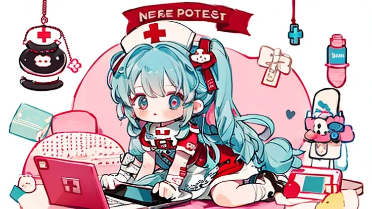 Character design，Q version，chibi，Cute，Head to body ratio，outfit design，Lolita prostitute，Gorgeous dress，Mittens，Curly，Very intricate，Exquisite，shear node，frilld，band，Bandages，Nurse style，Huge syringe，tablet，Red Cross，Y2K，egirl，Unilateral eye patch，love dec...