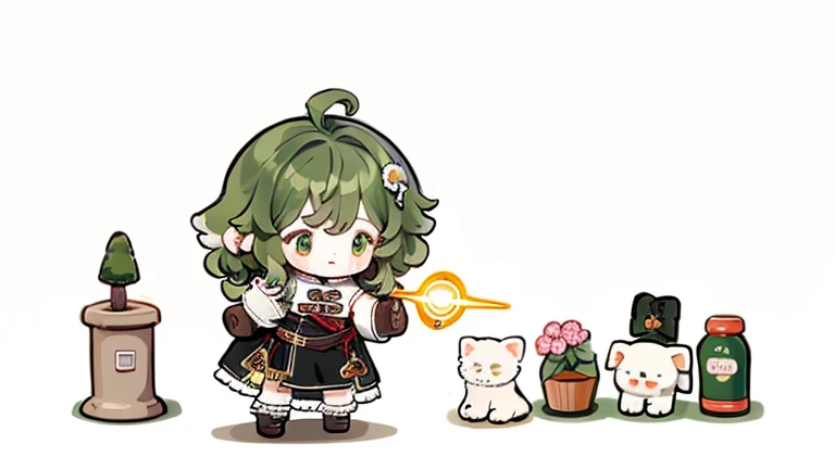 Character design，Q version，chibi，Cute，Head to body ratio，outfit design，Mittens，Curly，Very intricate，Exquisite，shear node，frilld，band，Bandages，light-green hair