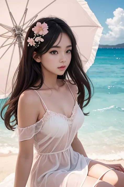 Beautiful and charming woman in fashion trend, full body: 1.6, holding flowers, random hairstyle, sitting under a parasol, by the sea, tight slip dress random color, wind blowing hair, blue sky and white clouds, delicate sexy collarbone, covering chest, ch...