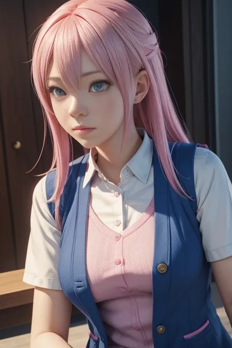 anime girl with pink hair and blue eyes wearing a vest, render of april, sayori, close up iwakura lain, 8k portrait render, render of a cute 3d anime girl, photorealistic anime girl render, smooth anime cg art, close up of a young anime girl, anime visual ...