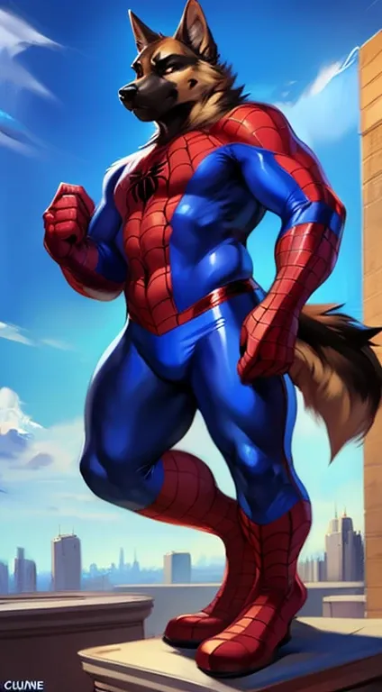 solo, german shepherd, overweight, wearing red and blue spiderman, spiderman spandex costume, raimi spiderman suit print, no masked, full body view, frontal shot, at top of building rooftop, by darkgem by chunie by juiceps, anime furry art style