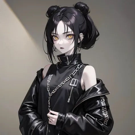 One girl, adult, goth fashion, punk fashion, pale skin, unruly hair, black hair, multiple spacebuns, face piercings, alt makeup, chains, hand in pocket, casual, city, yellow eyes, pale eyes, streetwear