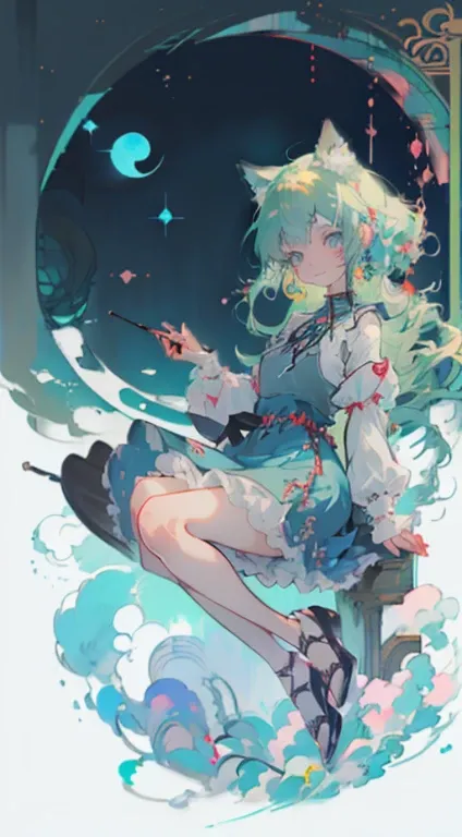 ((masutepiece, Best Quality: 1.1), ((Anime girl in a blue dress with a magic wand)), Jugendstil、anime cat girl в костюме горничной, Lori, ((Green Hairs))、long haired、((Radiant Eyes, like jewelry, long eyelashes, Sheer-through.))、Very Beautiful Anime cat gi...