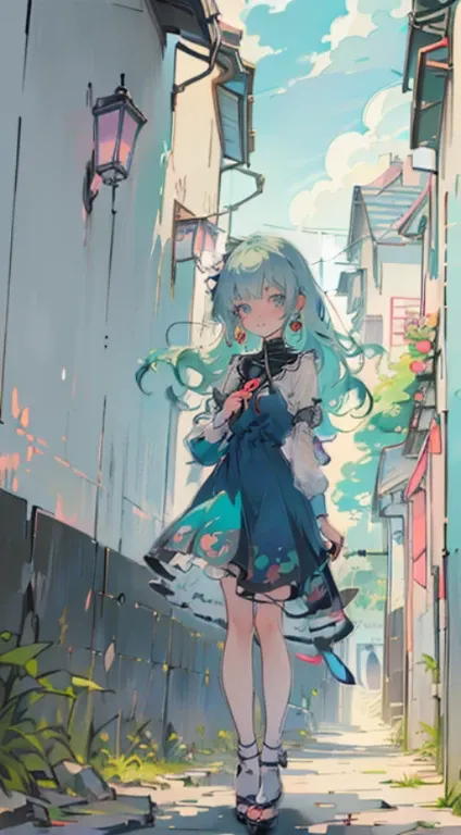 ((masutepiece, Best Quality: 1.1), ((Anime girl in a blue dress with a magic wand)), Jugendstil、anime cat girl в костюме горничной, Lori, ((Green Hairs))、long haired、((Radiant Eyes, like jewelry, long eyelashes, Sheer-through.))、Very Beautiful Anime cat gi...