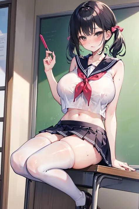 Perfect human body，1 girl， (very highly detailed background，‎Classroom)，twintails，long whitr hair， 鎖骨，(Ultra short sleeveless sailor top)，Bow knot，nabel，Low-rise miniskirt，semi transparent，(White stockings)，((woman with fever)), ((Sweated,steams,college ag...