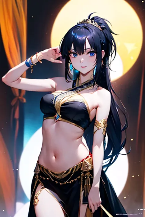 4K,hight resolution,One Woman,Bright black hair,blue eyes, large breast, Long ponytail,Arab queen,Arab dancer dresses,jeweled costume,Navel Ejection,with a pure white background