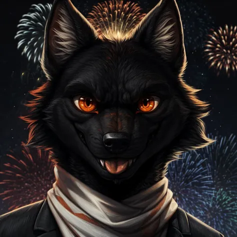 Old Male black fur wolf face (small smile (black fur mouth),(add some light on the mouth),(tounge coming out a little bit),(mouth closed)), wearing white scarf, wearing black jacket, Looking towards the camera, front perspective, background fireworks, shin...