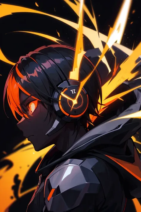 black anime boy listening to music, side profile view, Techwear hoodie, Techwear headphone glowing edges, orange glowing eyes, spikey haircut, Shoulder view, Black background, reflective lighting