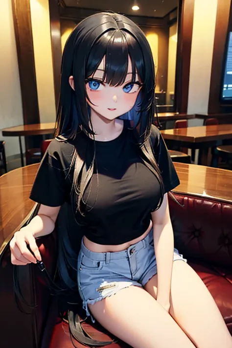 ((masterpiece)), ((best quality)), (ultra detailed), ((extremely detailed)), 1girl, detailed eyes, beautiful eyes, black hair, very long loose hair, bangs, shiny hair, skin texture, glowing skin, extremely detailed skin, big breasts, small waist, wearing r...