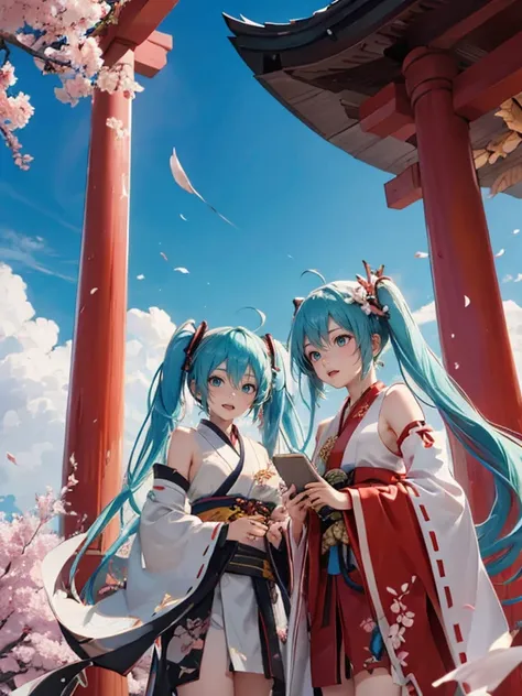 high-level image quality，miku hatsune，shrines，miko，The dragon，Dragon in the sky，Plum blossoms