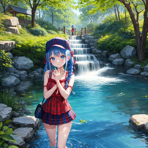 Red-blonde、Blue hair、blue eyess、Braids、poneyTail、one good looking girl、独奏、animesque、Plaid miniskirt、Black T-shirt、camisole、the woods、Walking、Wearing a plaid baseball cap、bare-legged、Tilting your face、log bridge、Doing the ribbon、have a twig、falls、Blue Topaz...