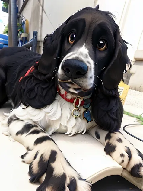 english cocker spaniel waiting for its owner very happy, lying on the sidewalk