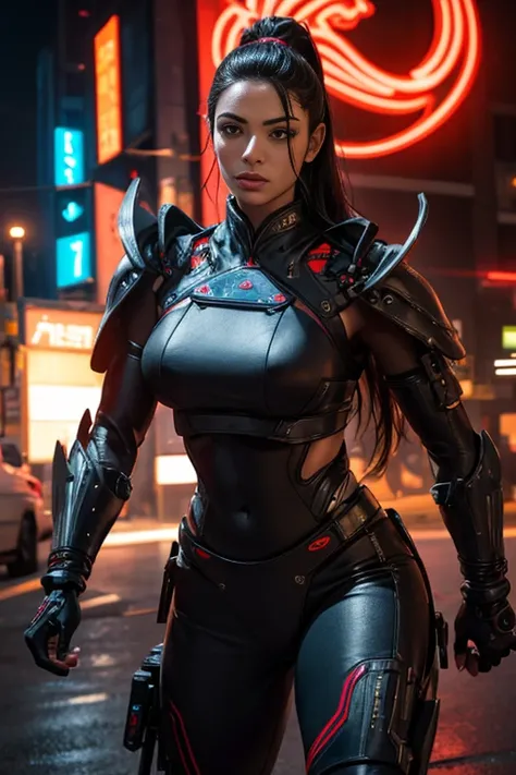 Beautiful Alluring Cyberpunk Samurai, pele nua, Well-toned athletic body, forma elegante, pele nua, Fora no Neon Palace, mal vestido, Beautiful Face, Smaurai-inspired bikini armor, mechanical limbs, Robotic parts on display, pele cromada, shiny neon pieces...