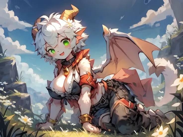 （shota，white color hair，Toddler green eyes，Libido boy，male people）Dragons Horn，cute big breasts， The stands up， tmasterpiece， A high resolution，8K，detailedbackground，high high quality，独奏，shorter pants，grassy fields，white flowers and leaves，cloud，become sun...