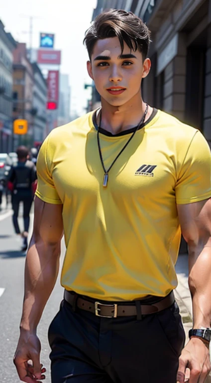 ((Men only)), (head shot), (Tanned black handsome muscular young man in his 20s), (Wearing yellow clothes), (Pietro Boselli), Yellow hair, Mischievous smile, (detaile: 1 in 1), Natural muscles, HIG quality, beautidful eyes, (Detailed face and iace、: 1 / 2)...