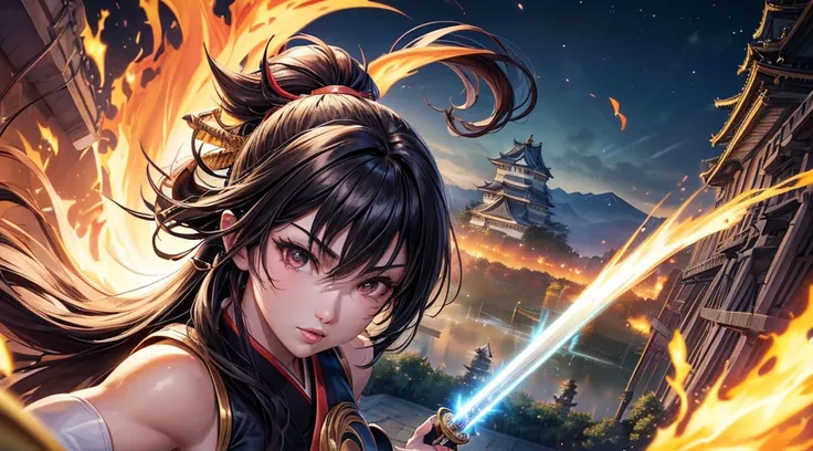 masterpiece,8k,best quality,ultra detailed,ultra highres,(1 Female kunoichi with 1Fairy),(swinging a shinning katana),(Equip a japanese armor),(rage:0.6),(upper body shot:1.2),black hair,Very Long Hair,brown eye,straight hair,(fire:1.1),(Burning-Edge:1.2),...