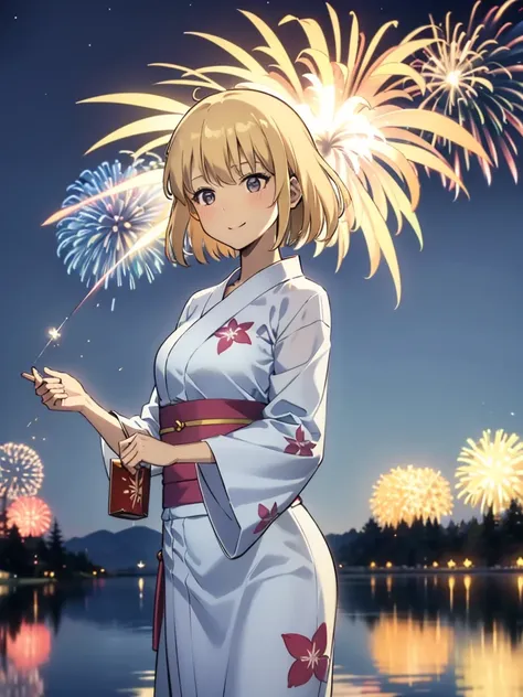 cha hae-in, 1girl, solo, blush, blonde hair, short hair, 8K, Night, Shooting Star, Clouds, Floral Yukata, Yukata, 25 years old, Bright Colorireworks: 1.4), (New Year: 1.1), (Festival: 1.1), (Sharp Focus: 1.2), (Cowboy Shot: 1.2), (light smile: 1.1), Bridge...