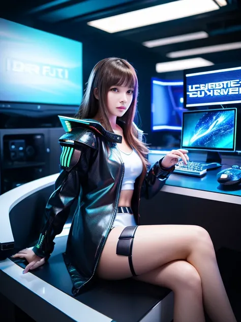 A girl sitting at a desk in front of a computer, cyber future jacket, luxury advertisement, inspired by Charles Fremont, aesthetic cute with flutter, photo render, computer generated