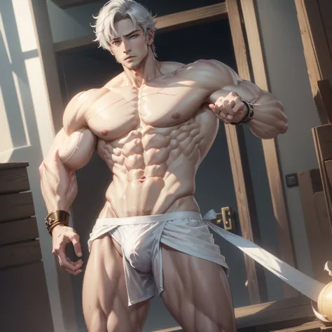 The body proportions are perfect，in a panoramic view，The character faces forward，No sideways photoocus on the hand，Hand optimization，focus hands，adolable，（Abs：1.3)，big chest muscles，The limbs are muscular，Muscle lines are pronounced，The facial features are...