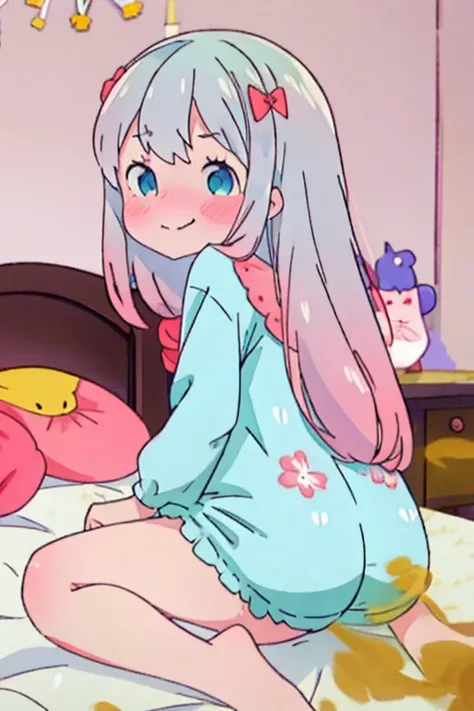 Best Quality, (masutepiece:1.2), Highly detailed, Indoors, Bedroom, on the beds, Izumi Taotong, 1girl in, Solo, Sitting, Upper body, from the front side, Looking at the viewer, Wavy mouth, nose blush, slight smile, Grey Hair, Long hair, multicolored hair, ...