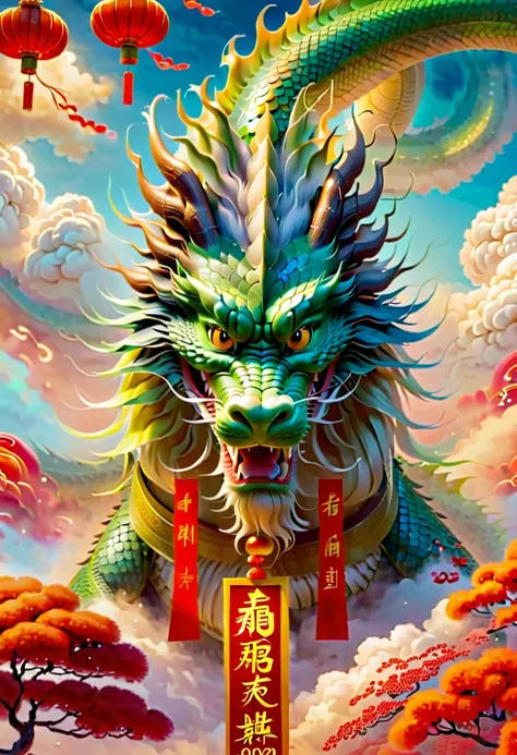 ((2024 poster)).chinese new year，a oriental dragonire works，​​clouds