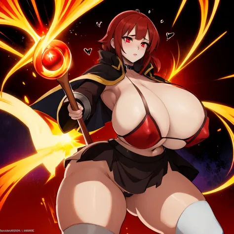 Megumin, magical explosion, fiery red hair, detailed eyes, staff in hand, confident and determined expression, black cloak billowing in the wind, intense battle pose, arcane symbols glowing, majestic background, sparks and flames, vibrant colors, high cont...