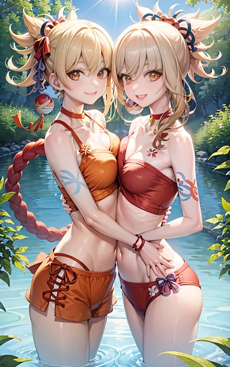 Two girls smiling female twinpose in water your belly button， Vibrant color quality natural light, Chest to chest hugging each other in orange swimsuits