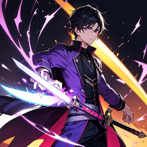 cool young man　a dark-haired　he has a sword wrapped in purple flame.　aura of darkness　dark hero