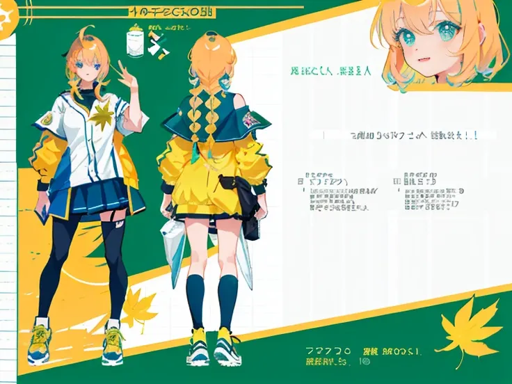 1girl in, ((Character information)、(Chara Leaf)、Type sheet, Character Sheets, Three types，Shot Full Body，Game Character Design，Colorful, Bright, hairlong, shoulder-length hair, baseball uniform