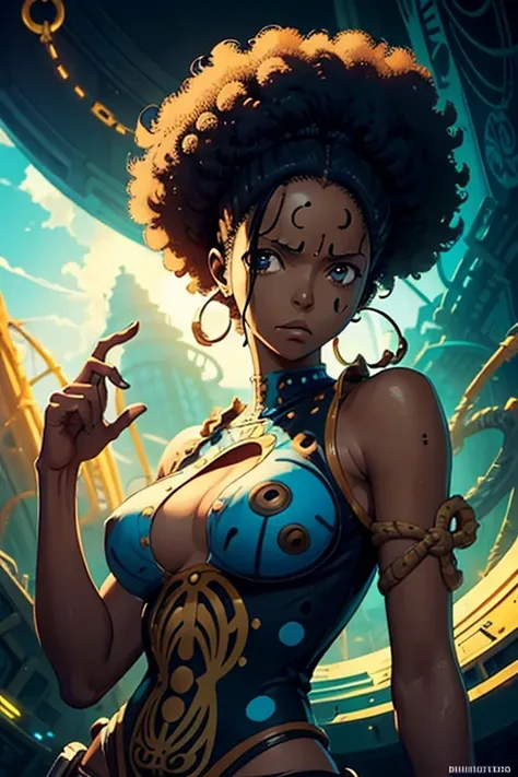 Paint a Biopunk (((One Piece))) scene of (1 afro woman), petite chest, beautiful , fine face detailed eyes , linework and lineart and gesture sketching , enhanced by Eddie Mohrbacher and Daniela Uhlig and Phil Noto. Capturing the cartoon-like charm while i...