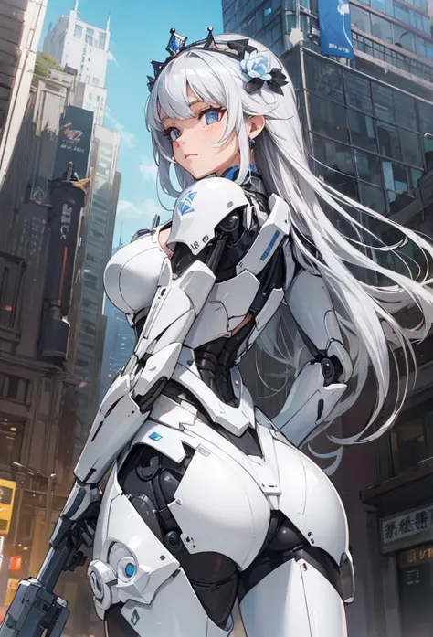 (Detailed illustrations,Very detailed and detailed drawing,Delicate lines with slow and rapid,Realistic texture expression),[Color tressed main line],[Modern city skyscrapers background],(ANIME)(A pure white GIANTROBOT Girl towering over the building area(...