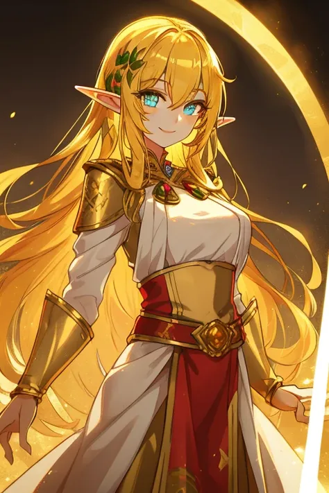 golden elf, golden hair, golden clothes, elf race, detailed eyes, detailed face, royal costume, with a power of light, smiling, (best quality, masterwork: 1.2), vivid colors, luminous lighting, bright golden tone .