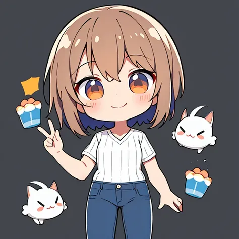 top-quality、1 girl in、独奏、Chibi、full bodyesbian、is standing、White background、Light brown hair、short-cut、a smile、V-neck knit、jeans、simple background、active