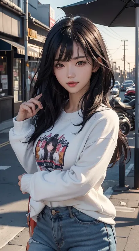 (realistically, tmasterpiece, 8K high-definition, Good lighting quality, sporty attire, fit snugly on face, Complicated details), a handsome korean woman, 17 years younger, Happy, The smile is bright, Detailed faces, 詳細な目, look at sky, Wear casual clothing...