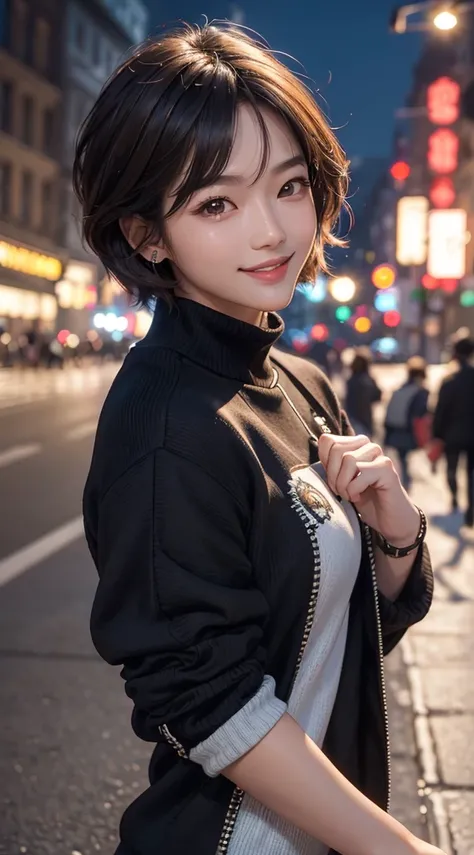 (realistically, tmasterpiece, 8K high-definition, Good lighting quality, sporty attire, fit snugly on face, Complicated details), a handsome korean woman, 17 years younger, Happy, The smile is bright, Detailed faces, Perfect style、combed brown hair，Night a...