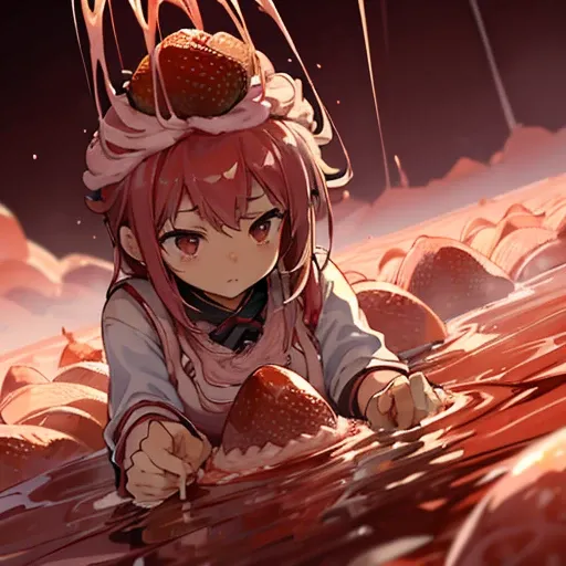 ((A pastry chef covered in boiling strawberry parfait ramen serving a giant strawberry))、Amazing dynamism、Amazing Angle、Whirlpool sandstorm of unstable buoyancy、Many friendly strawberry black holes are closely floating and chasing each other.。surround each...