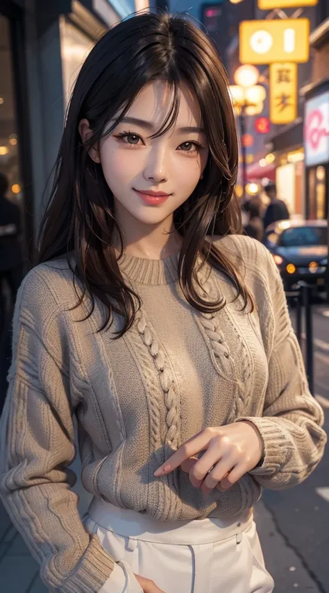 (realistically, tmasterpiece, 8K high-definition, Good lighting quality,, fit snugly on face, Complicated details), a handsome korean woman, 17 years younger, Happy, The smile is bright, Detailed faces, Perfect style、combed brown hair，Night allure，Curta，ex...