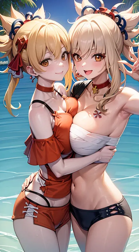 Two girls smiling female twinpose in water your belly button， Vibrant color quality natural light, Chest to chest, hugging each other face to face, orange swimsuits next to huge breasts