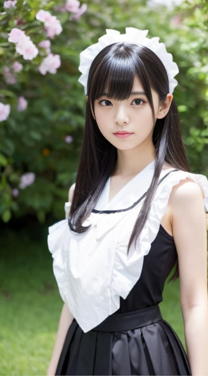 Japanese girl at 18 years old、Wearing a black and white maid outfit、、big skirt、Upper part of the body、ruffled headband、high-detail、High image quality、Shot from a high position、Kamimei、looking at the camera、(high saturation:1.2), (low contrast:1.1), (high s...