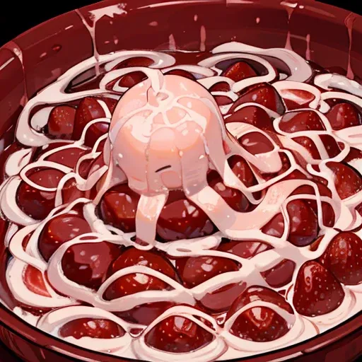 A pastry chef covered in boiling strawberry parfait ramen serving a strawberry waterfall、Amazing dynamism、Amazing Angle、Whirlpool sandstorm of unstable buoyancy、((Many friendly snakes and strawberries are floating densely and chasing each other.),surround ...